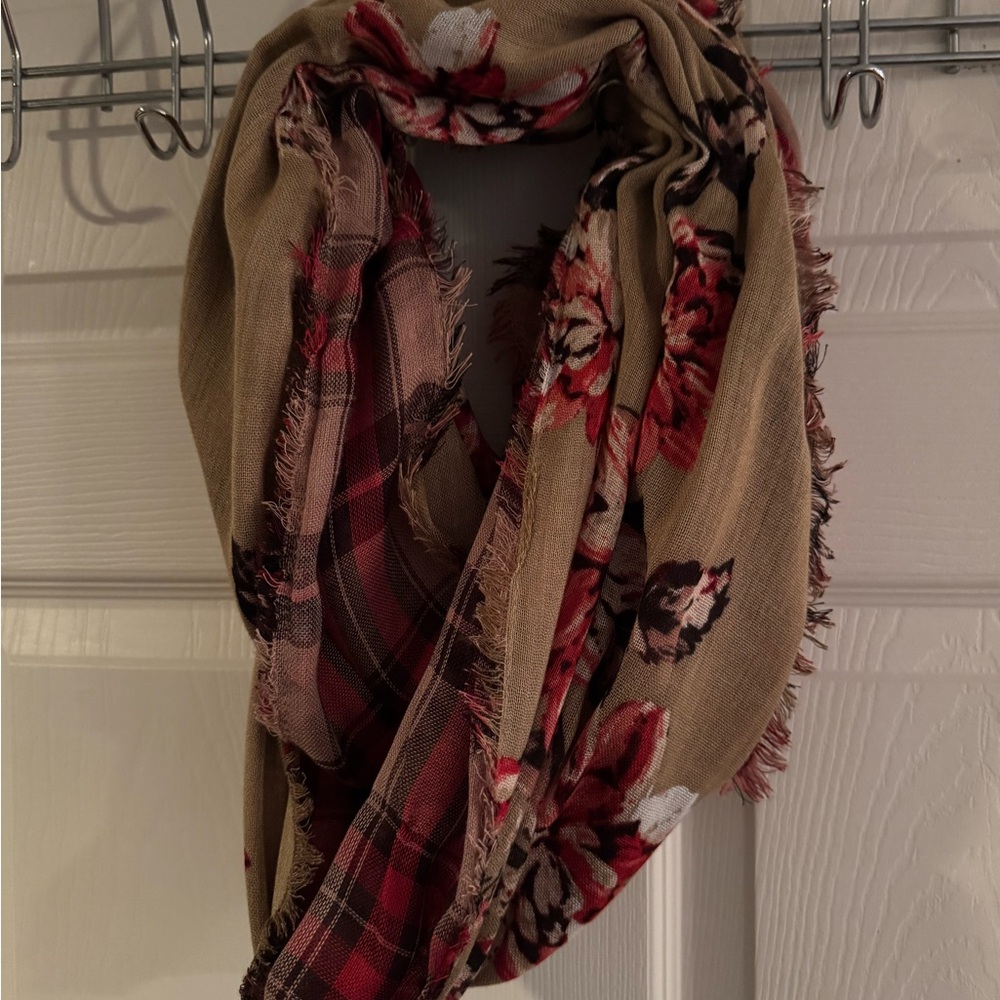 Floral and Plaid Fringed Infinity Scarf
